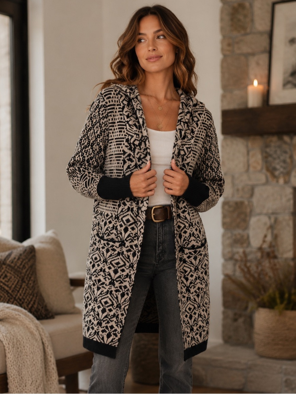Lovestitch Black & Cream Patterned Hooded Cardigan | Longline Sweater|Large